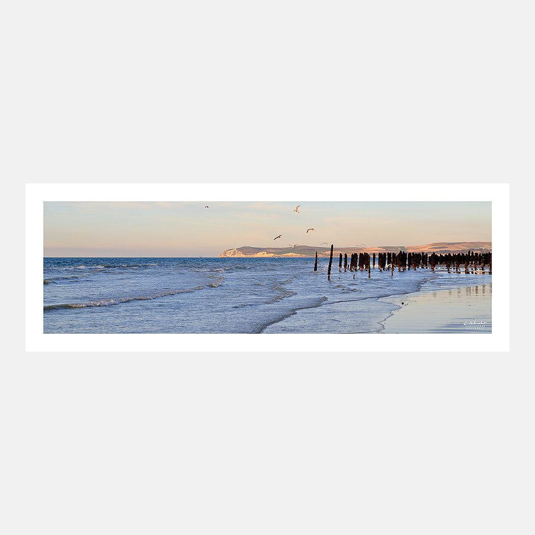 Photographie panoramique des collines et des falaises du Cap Blanc-Nez depuis la plage de Wissant à marée montante avec les bouchots au couchant, Côte d'Opale, Pas-de-Calais, Hauts-de-France, France.