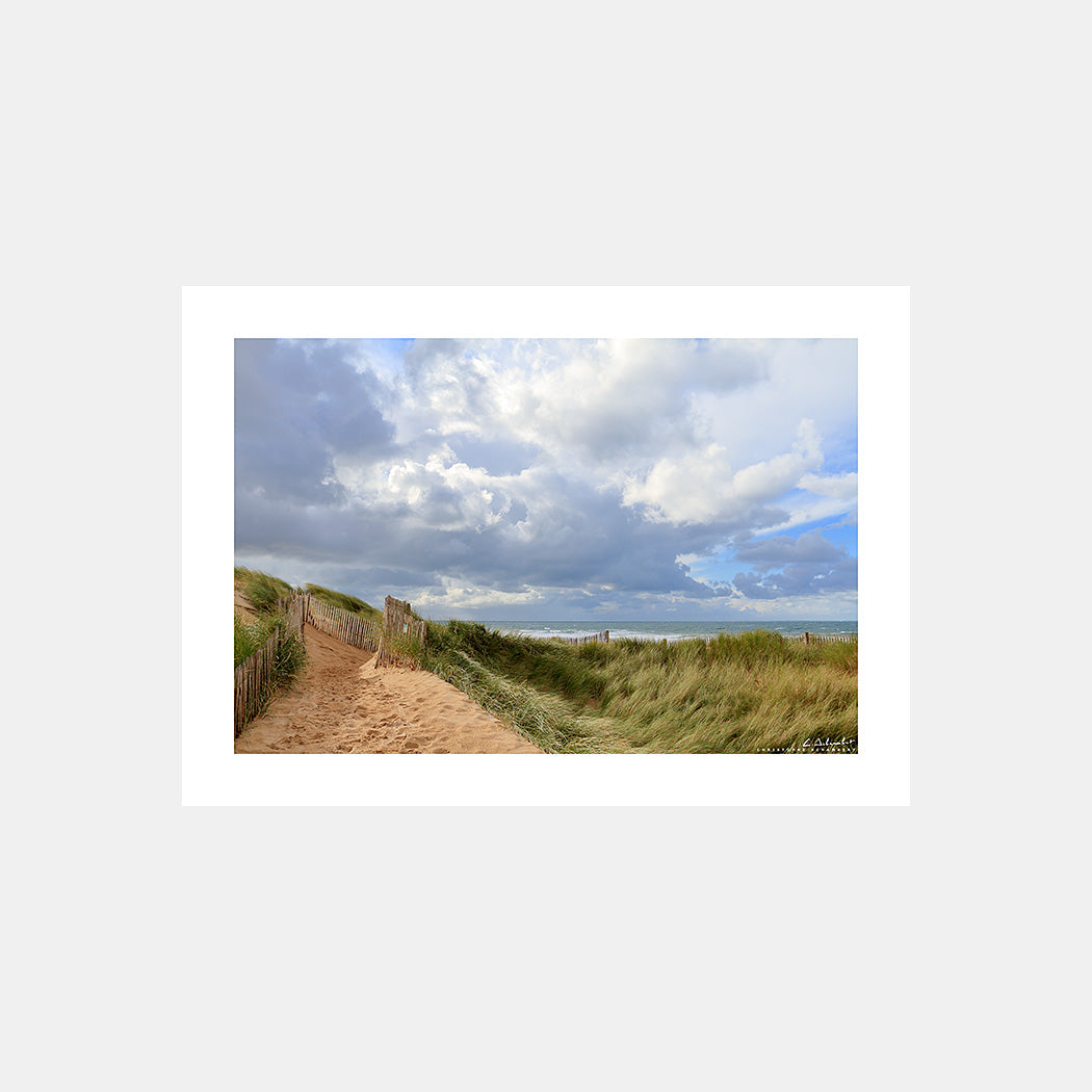 Photographie d'un chemin vers la mer dans les dunes du Cotentin avec une forte houle, Manche, Normandie, France.
