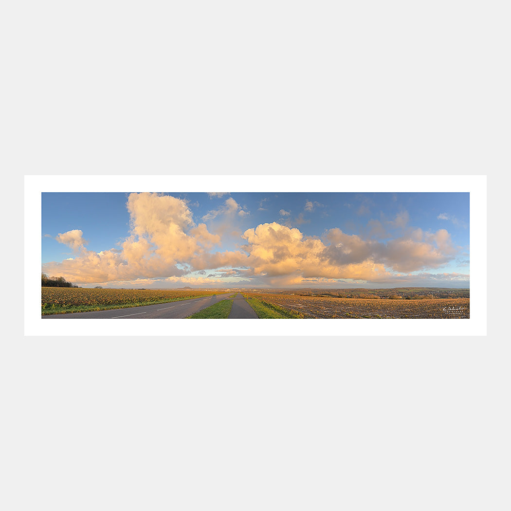 Photographie panoramique ultra grand-angle des terrils 11-19 de Loos-en-Gohelle et du bassin minier de Lens et Liévin depuis la colline de Notre-Dame-de-Lorette, dans la lumière du soleil couchant en automne, Artois, Hauts-de-France, France.
