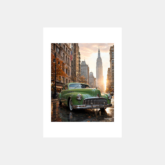 Empire State Building | Affiche auto vintage New York 1940s - Design avec marge unie
