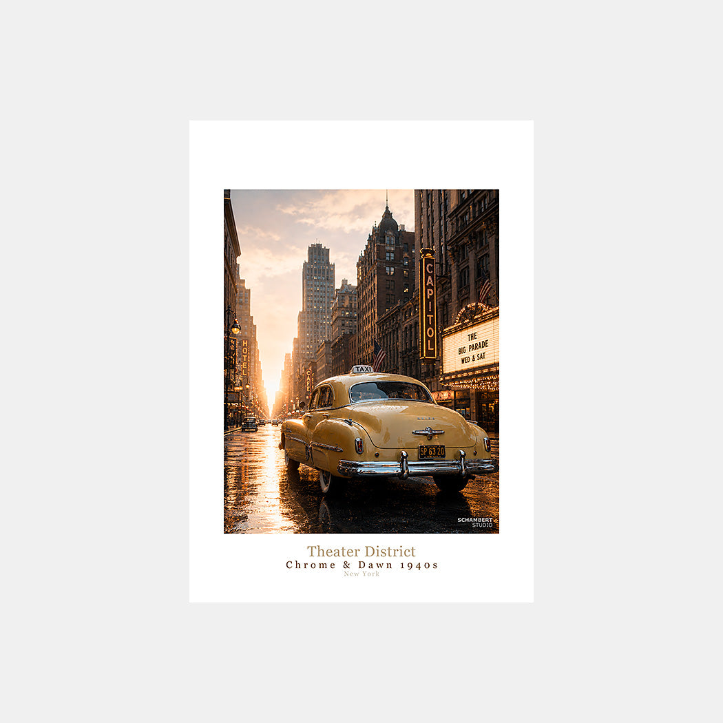 Theater District Times Square | Affiche auto vintage New York 1940s - Design avec légende