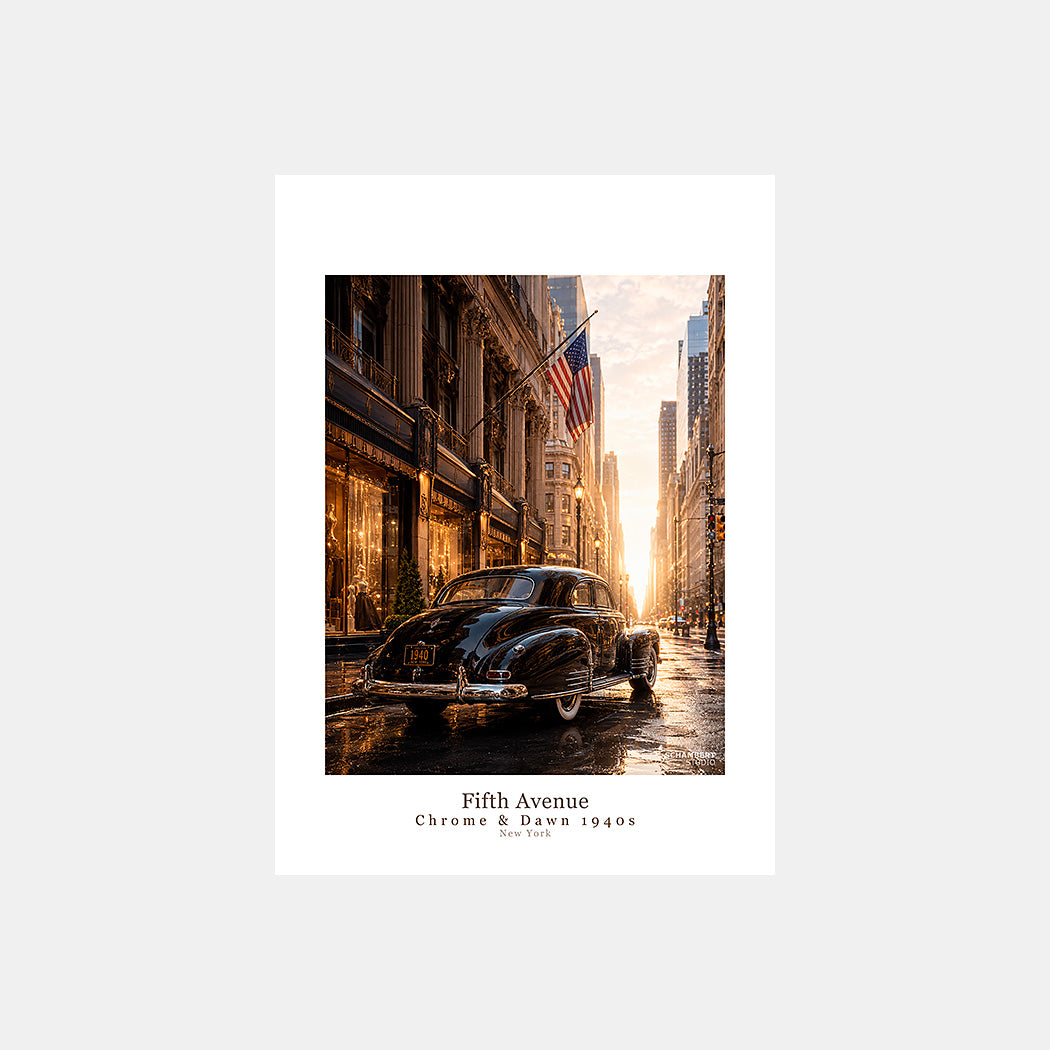 Fifth Avenue | Affiche auto vintage New York 1940s - Design avec légende
