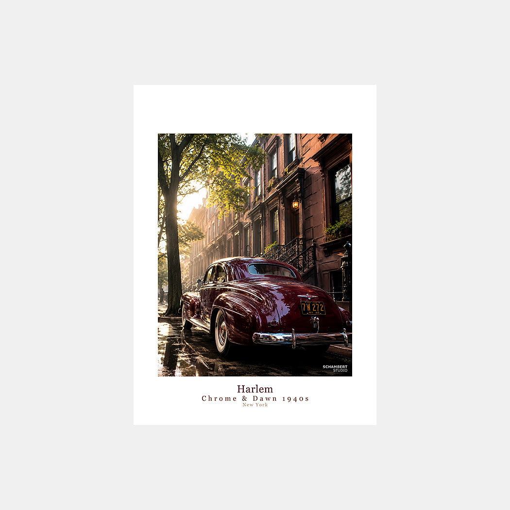 Harlem Brownstones | Affiche auto vintage New York 1940s - Design avec légende