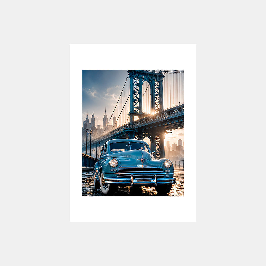 Manhattan Bridge | Affiche auto vintage New York 1940s - Design avec marge unie