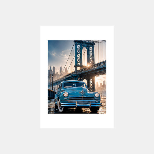 Manhattan Bridge | Affiche auto vintage New York 1940s - Design avec marge unie